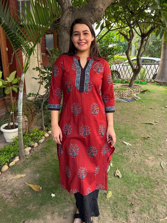 Maroon Peacock Ban Neck Kurta by MySanskritam