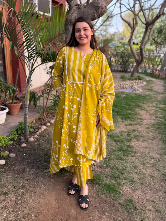 Neon Green Floral A-line Full Suit Set by MySanskritam