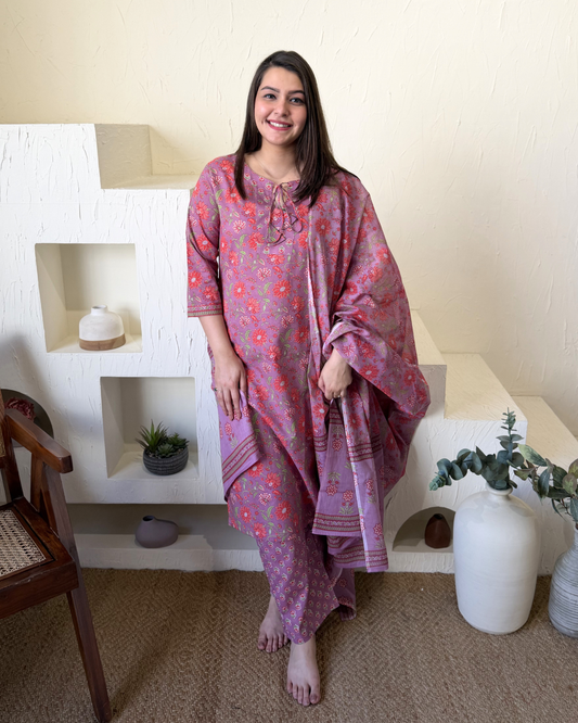 Onion Pink Floral Suit Set by Sanskritam