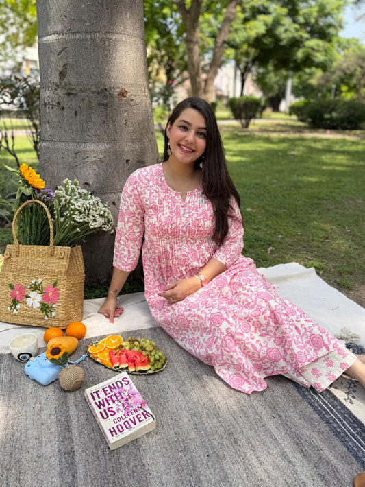 Pink Floral Pintucks Co-ord Set by Sanksritam