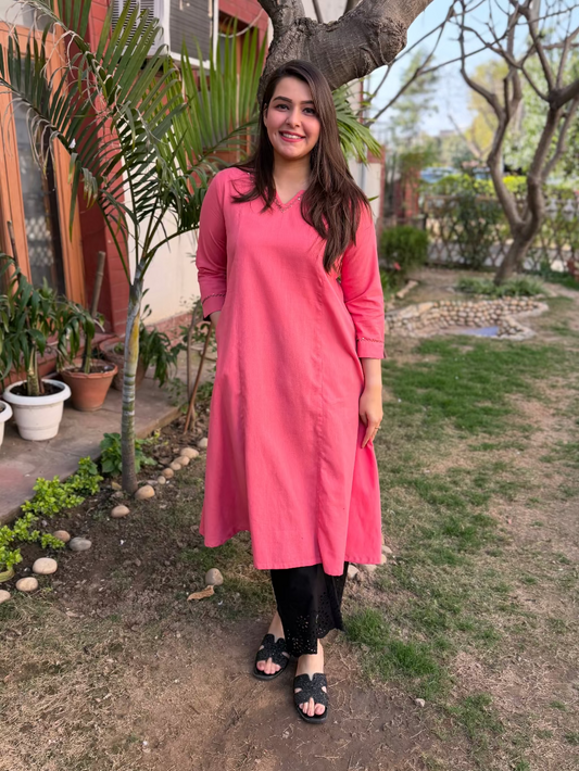 Rose Pink Embroidered Neck A-Line Kurta by Sanskritam