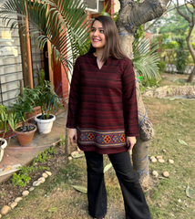Maroon black Kullu border woollen short kurti