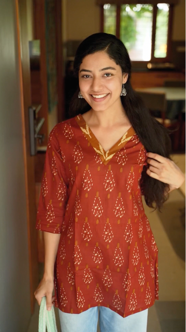 Rust ikkat print short kurti