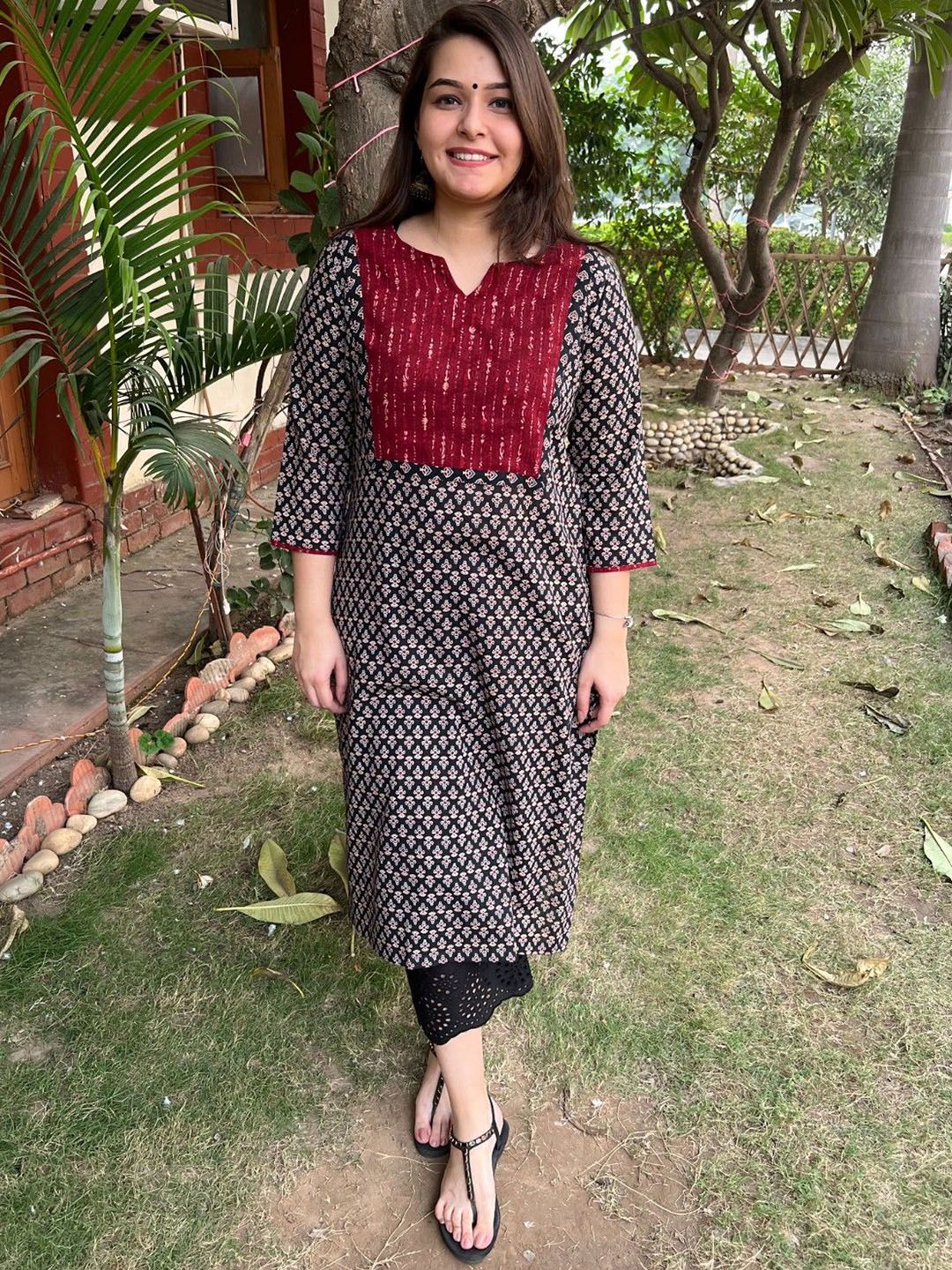 Black ajrakh choti buti yoke kurta