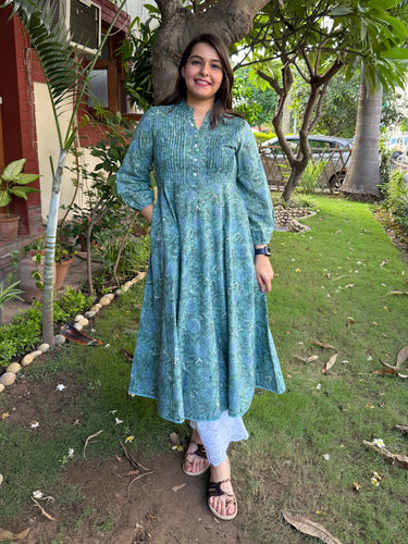 Teal Green Floral Pintucks A-line Kurta