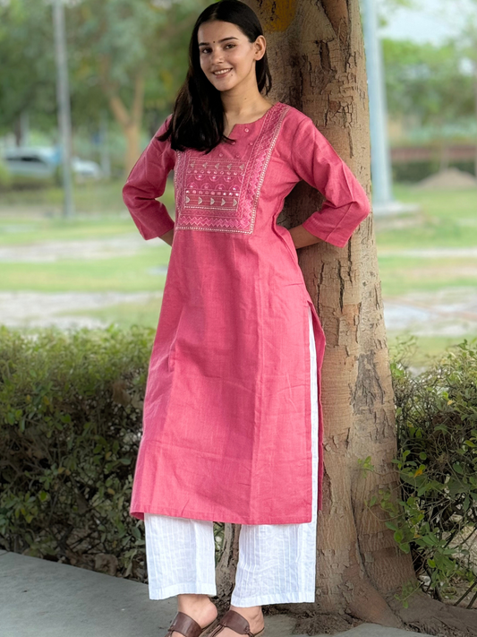 Rose Pink embroidered kurta