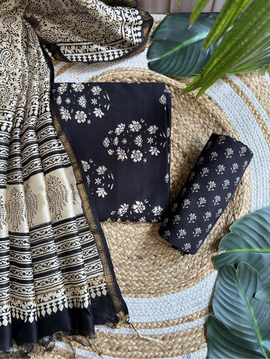 Black handblock with chanderi duppata Unstitched Suit set