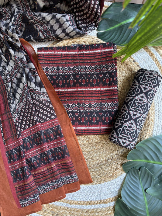 Brown hanblock geometric palazzo Unstitched Suit set
