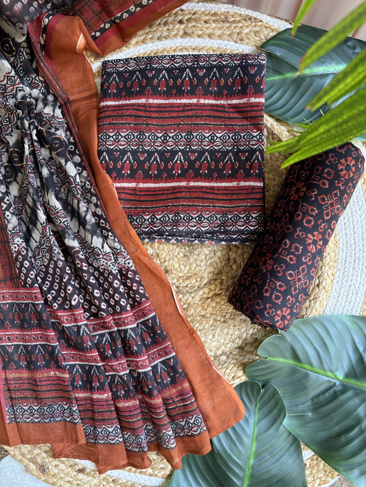 Maroon and Black Sanganeri Unstitched Suit set