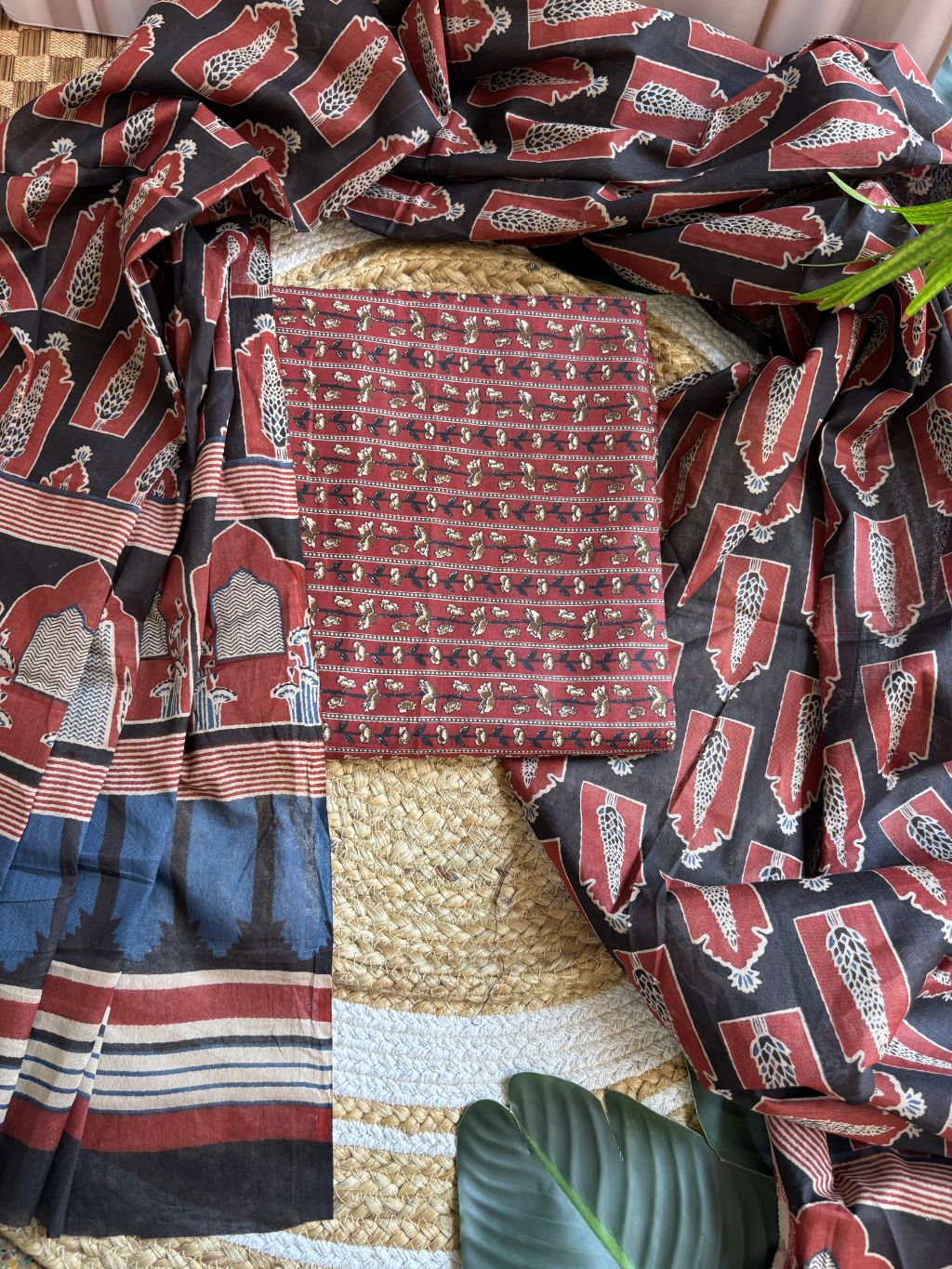 Maroon bel hanblock Unstitched Suit set