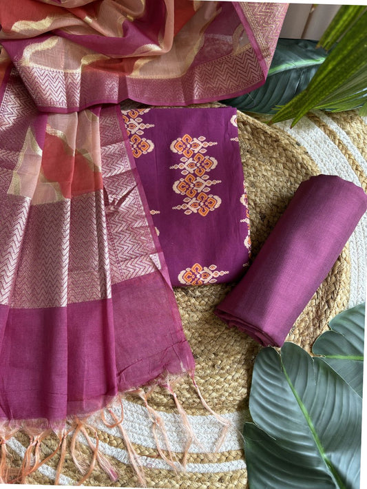 Purple ikkat Unstitched Suit set