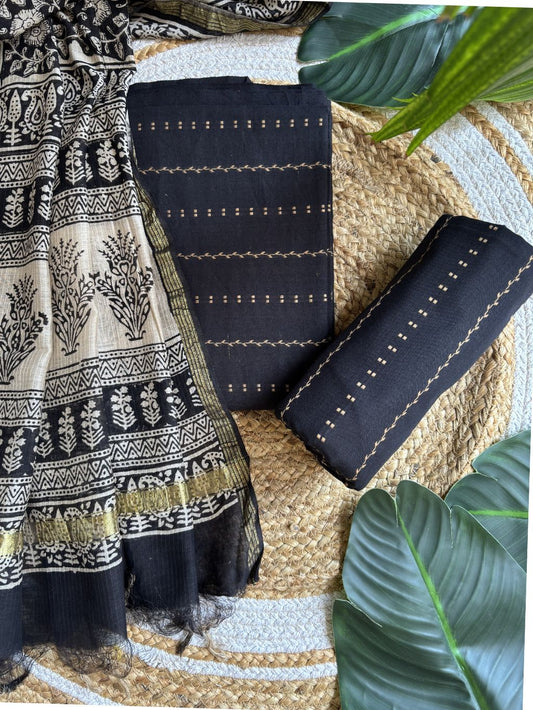 Black overall with chanderi duppata Unstitched Suit set