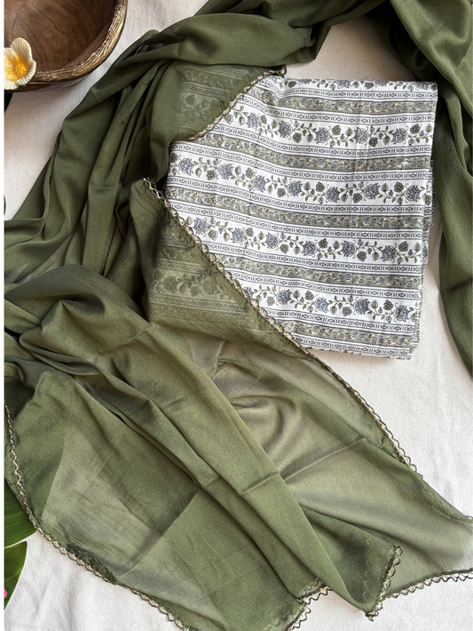 White mehendi green Unstitched Suit set