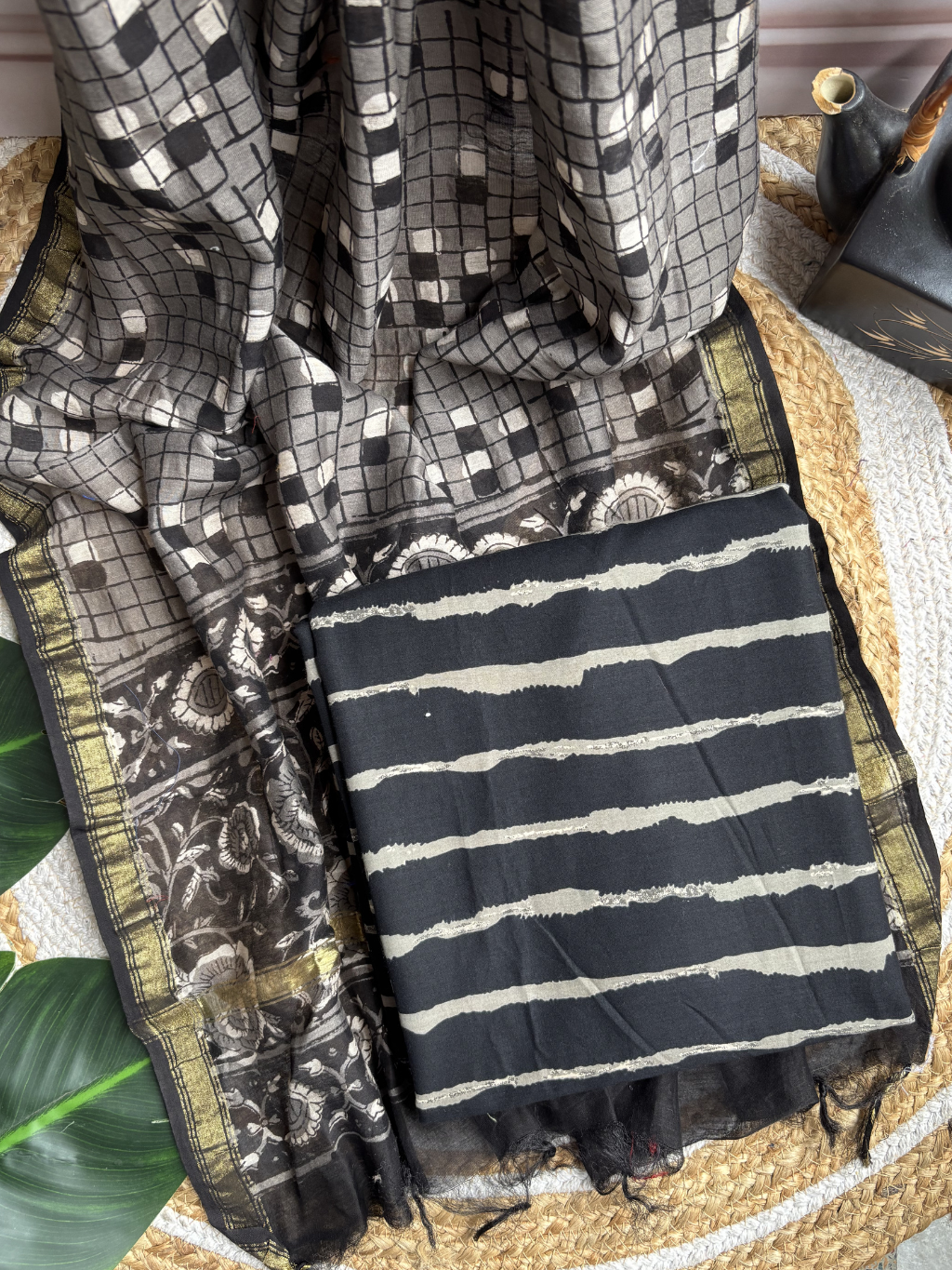 black beige line Unstitched Suit set