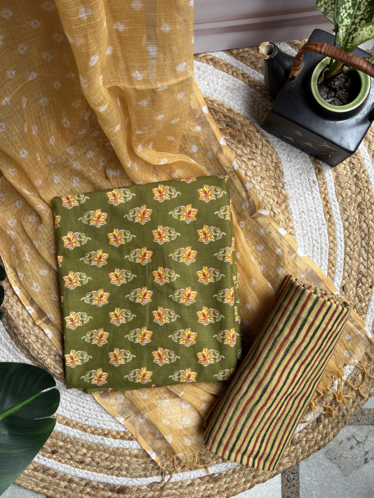 Lemon green floral Unstitched Suit set