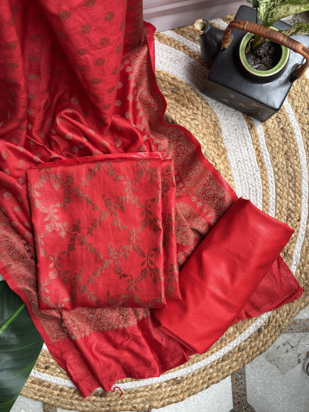 Red Banarsi Unstitched Suit set