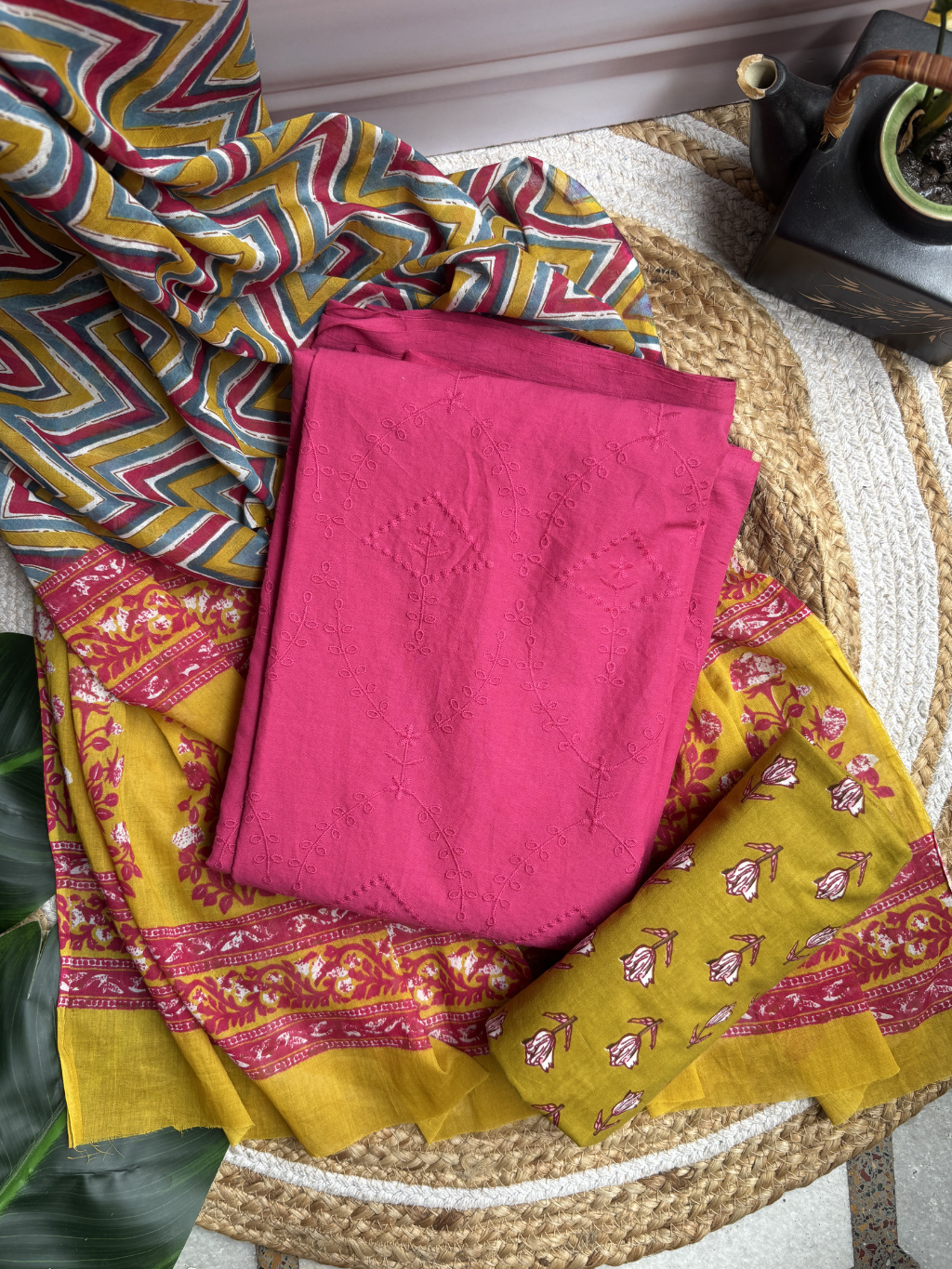 Pink lime palazzo Unstitched Suit set