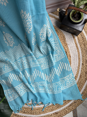 White Chiken Allover Unstitched Suit set with sky blue duppata