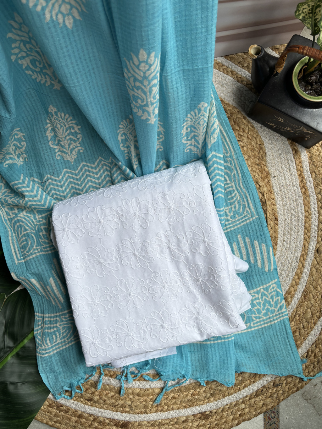 White Chiken Allover Unstitched Suit set with sky blue duppata