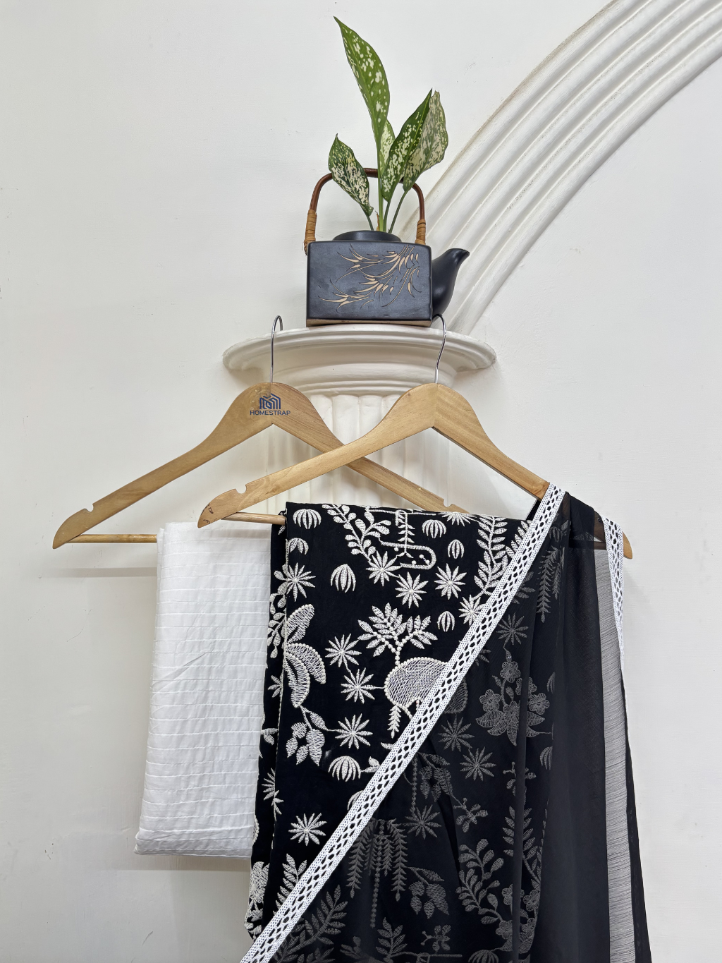 Black and white chikan Work Unstitched Suit set
