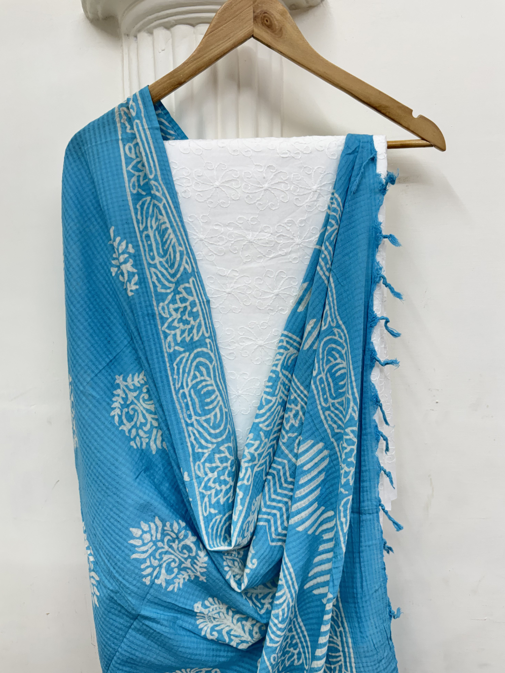 White Chiken Allover Unstitched Suit set with sky blue duppata