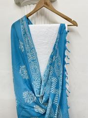 White Chiken Allover Unstitched Suit set with sky blue duppata