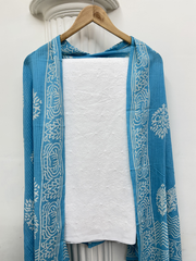 White Chiken Allover Unstitched Suit set with sky blue duppata