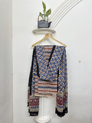 Beige indigo small leaf Unstitched Suit set
