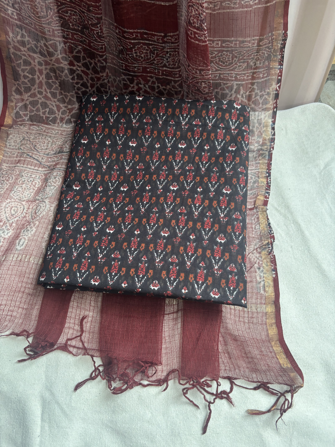 Black maroon texture Unstitched Suit set