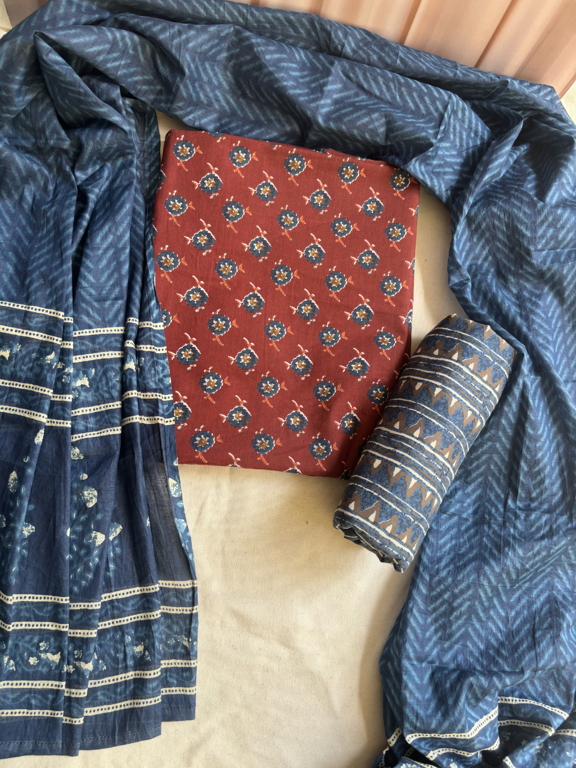 Maroon Indigo buti Unstitched Suit set