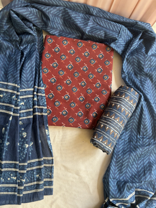 Maroon Indigo buti Unstitched Suit set