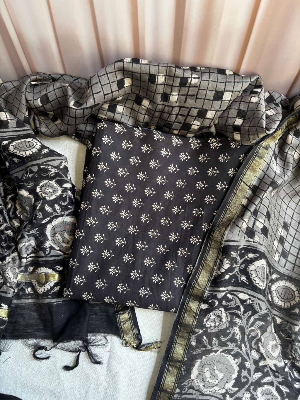 Black chhoti buti Allover Unstitched Suit set