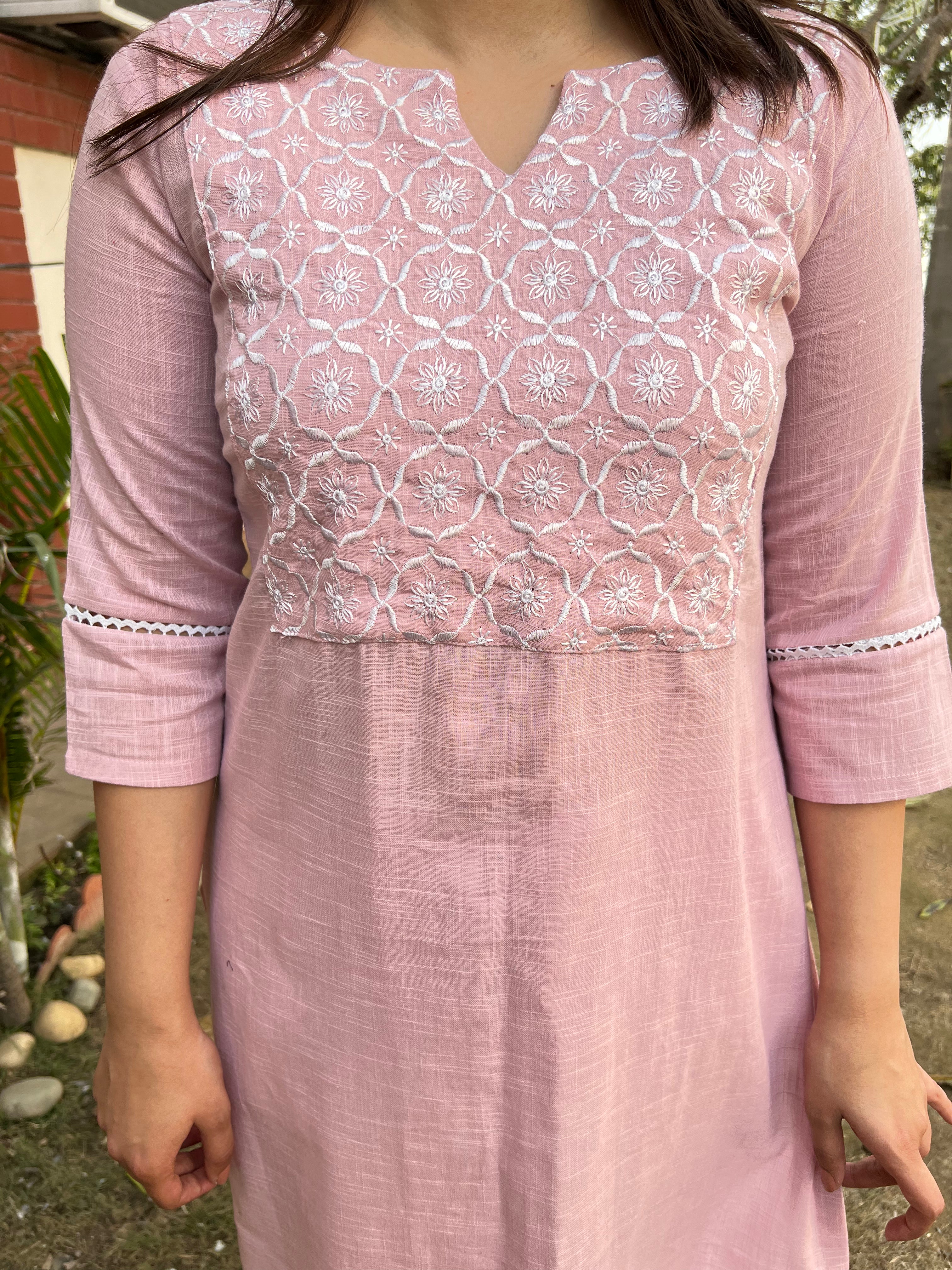 Powder Pink Embroidered Yoke Kurta - MYSANSKRITAM