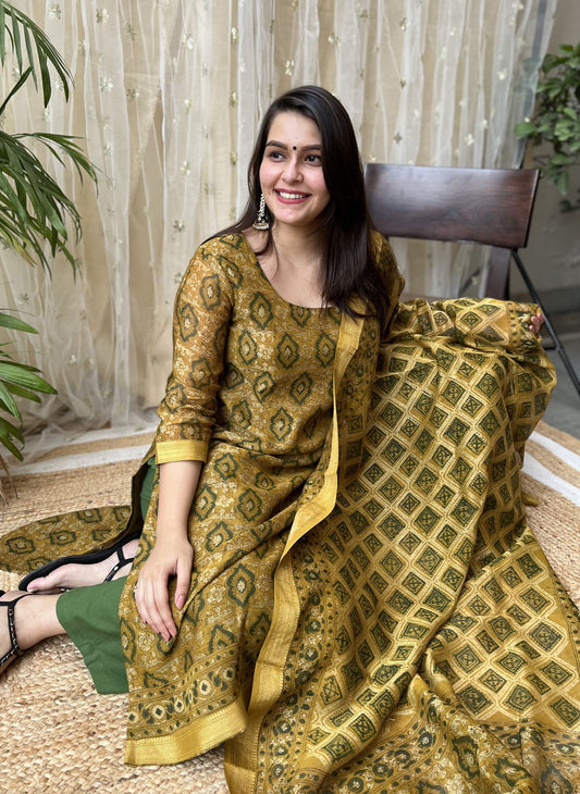 Premium Maheshwari Silk Mustard Ajrakh Suit Set - MYSANSKRITAM