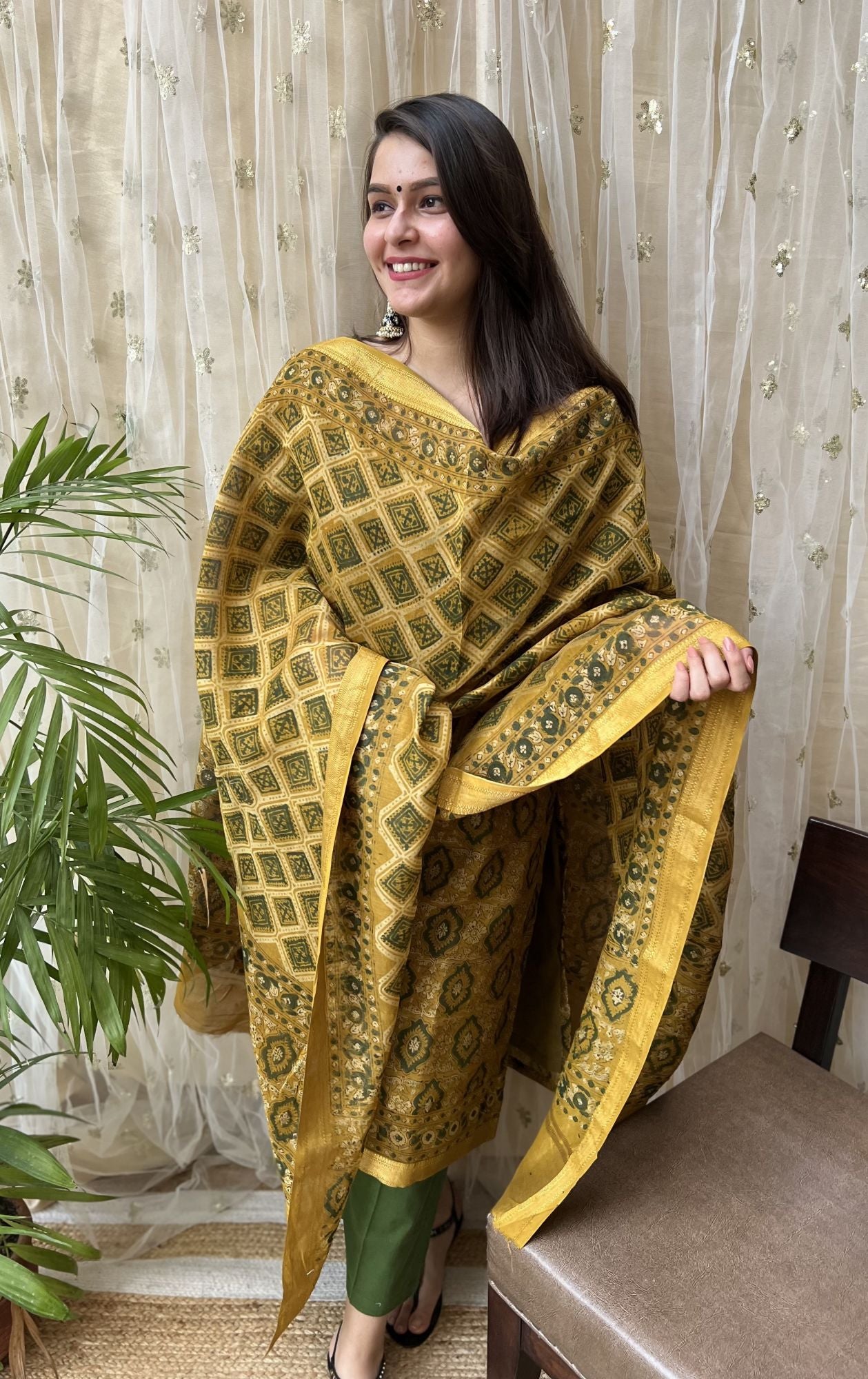 Premium Maheshwari Silk Mustard Ajrakh Suit Set - MYSANSKRITAM