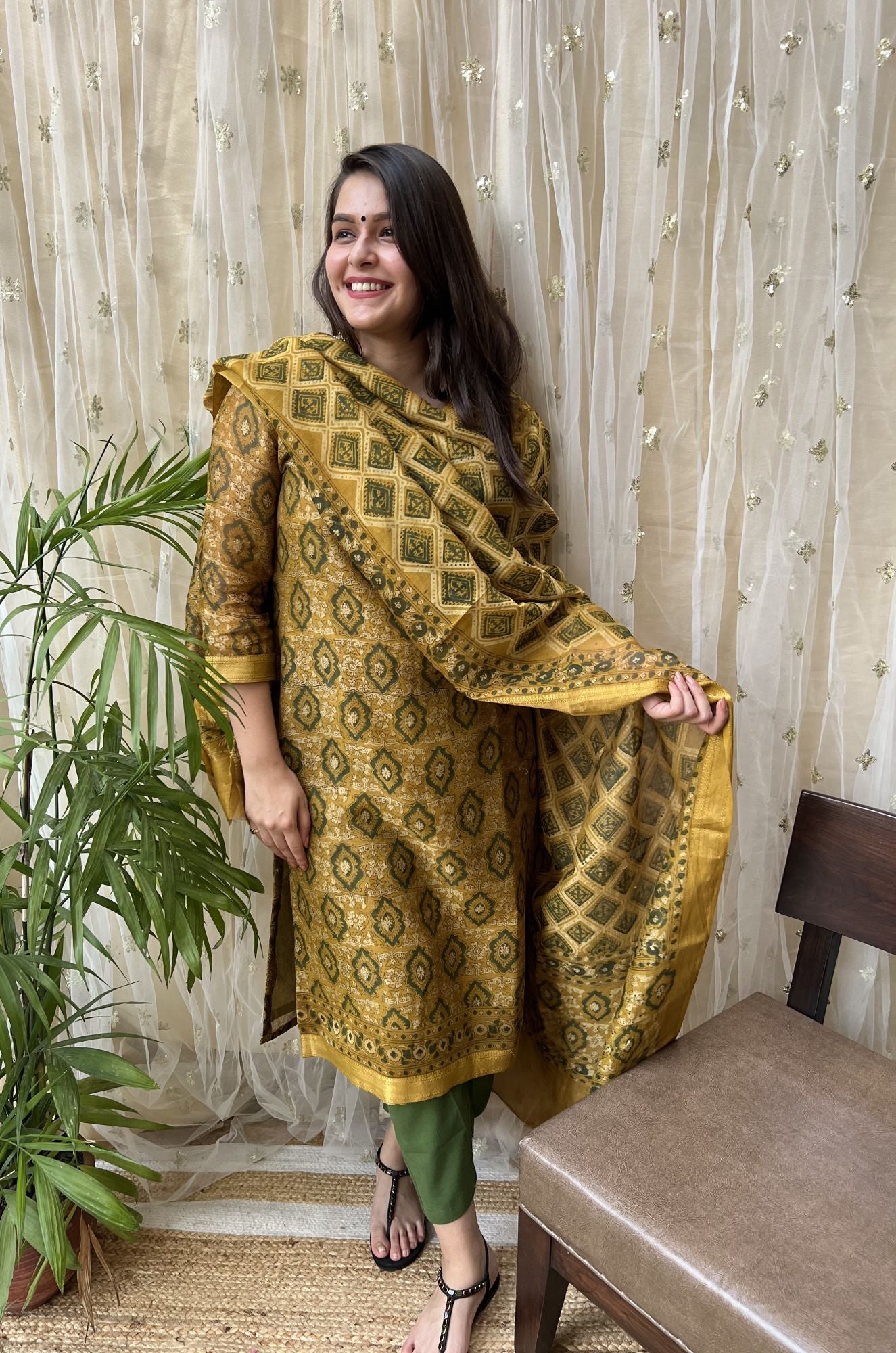 Premium Maheshwari Silk Mustard Ajrakh Suit Set - MYSANSKRITAM