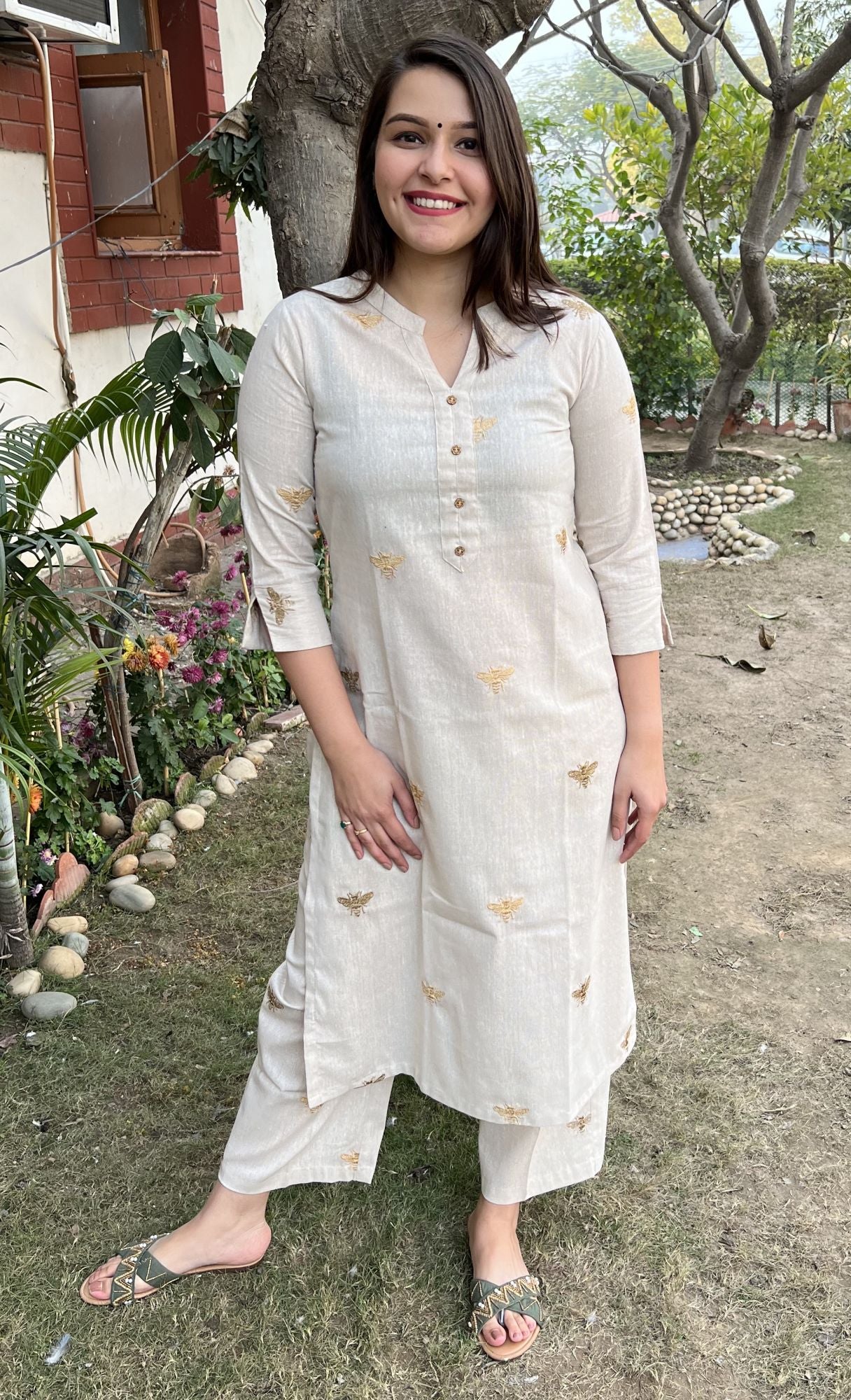 Butterfly embroidered Beige Coord set (Kurta+pant)