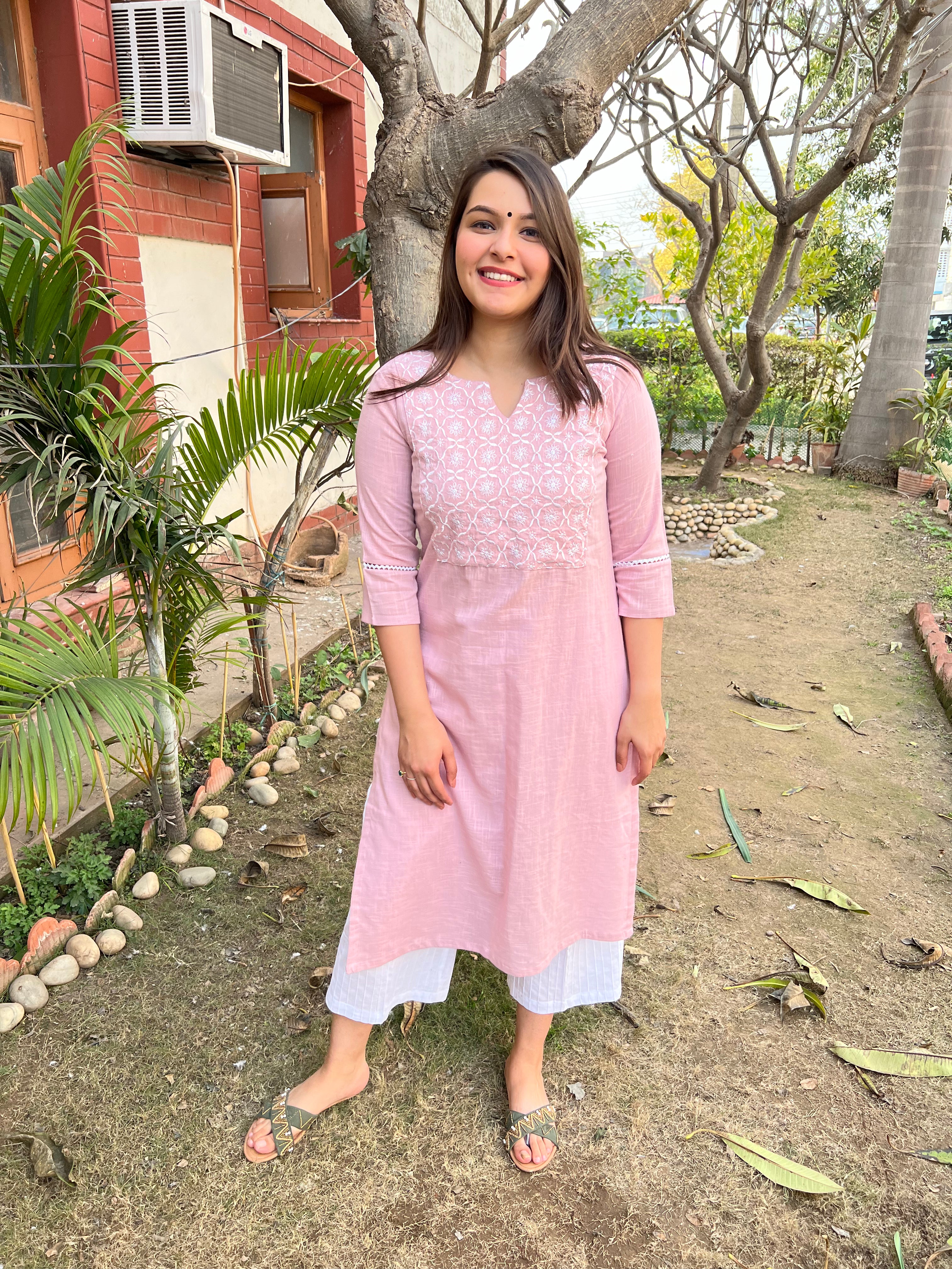 Powder Pink Embroidered Yoke Kurta - MYSANSKRITAM