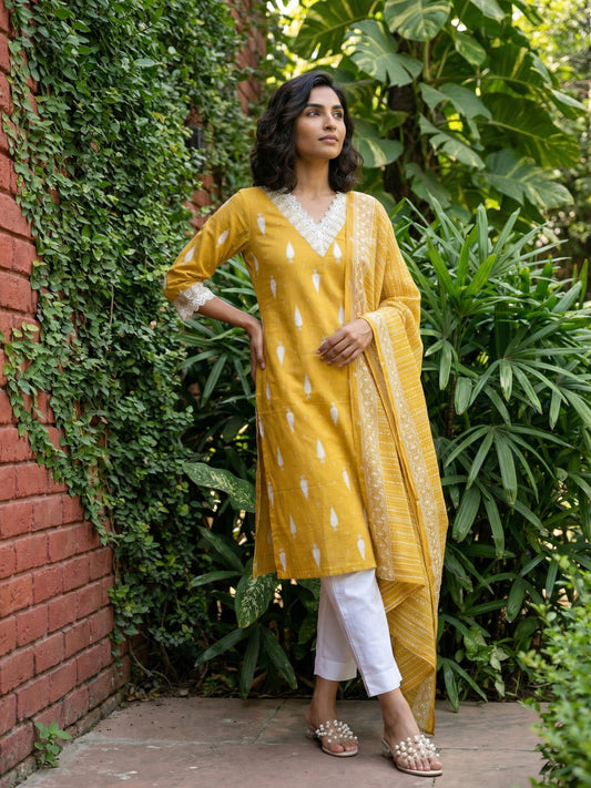 Mustard Ikkat print lacework suit set