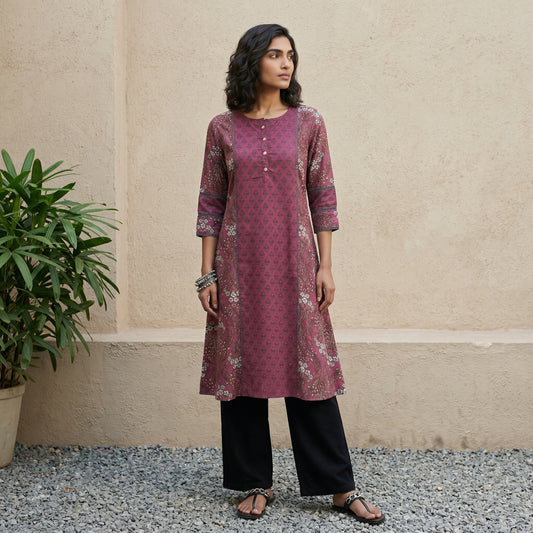 Pink grey floral Aline kurta with pocket