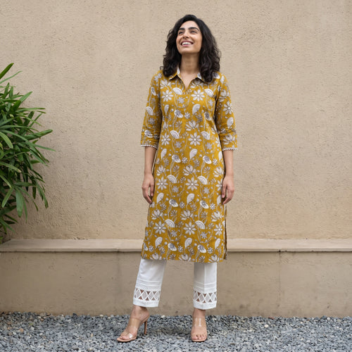 Mustard floral collar neck kurta