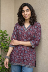 Dark wine sanganeri V-neck Short Kurti