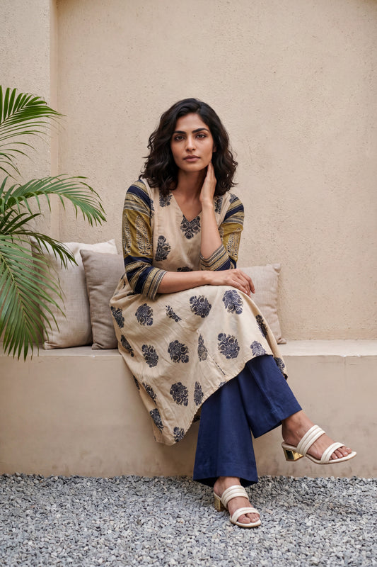 Beige buta with Yellow contrast sleeve Aline Kurta