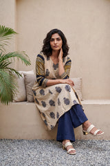 Beige buta with Yellow contrast sleeve Aline Kurta
