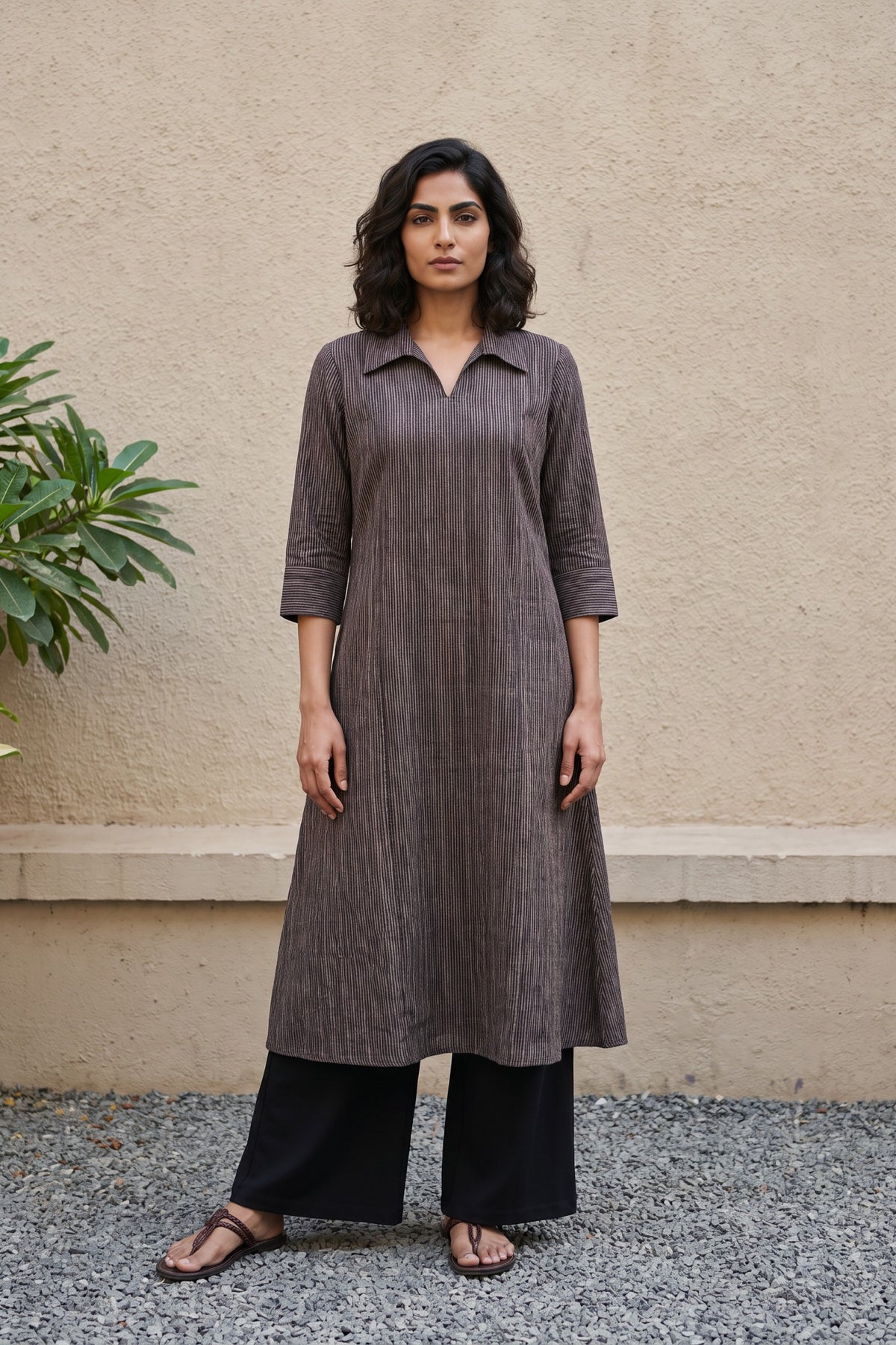 Brown lines Muslin silk collar Aline kurta