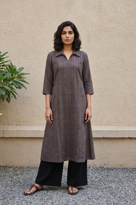 Brown lines Muslin silk collar Aline kurta