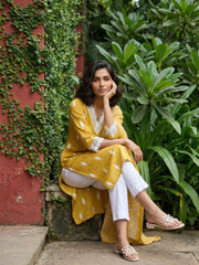 Mustard Ikkat print lacework suit set