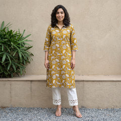 Mustard floral collar neck kurta