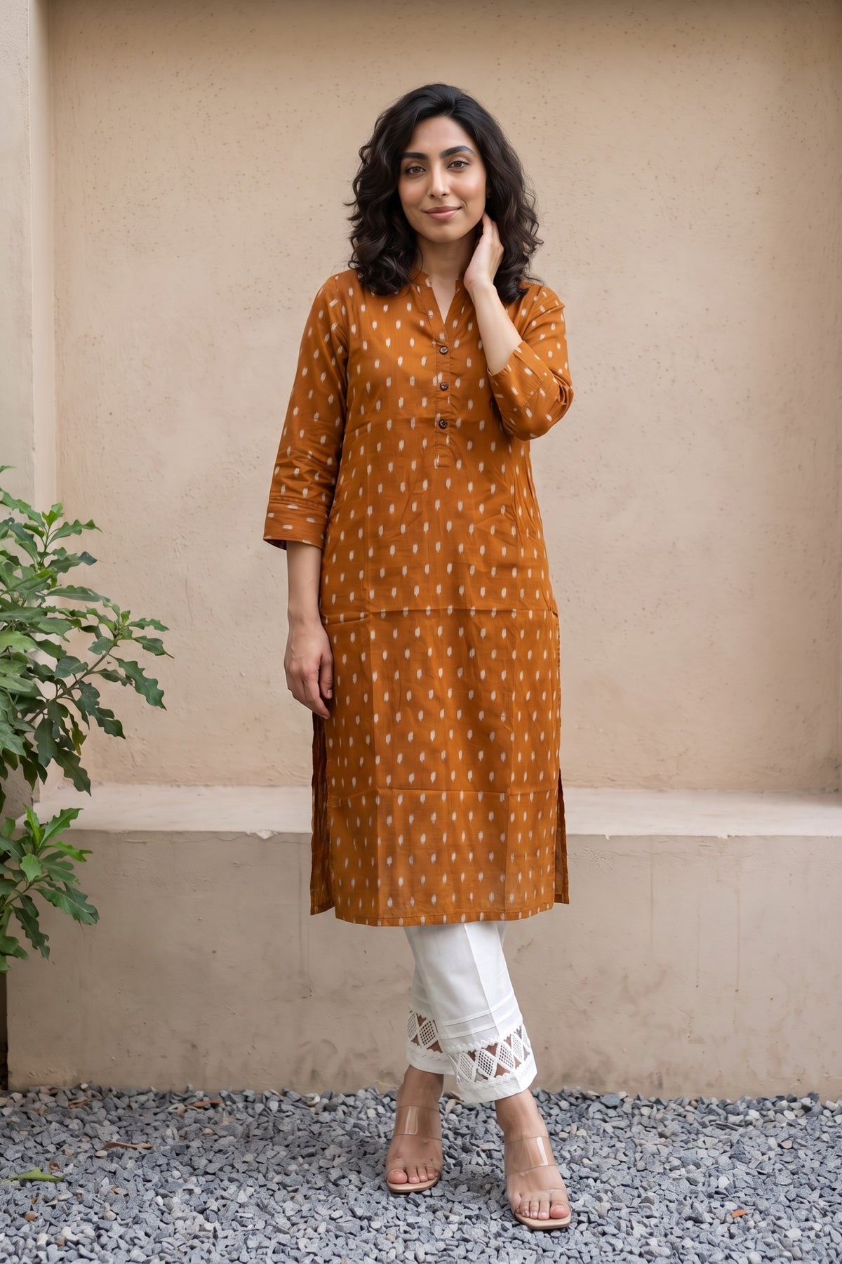 Rust ikkat print straight kurta