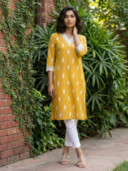 Mustard Ikkat print lacework suit set
